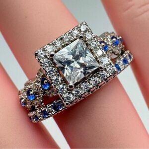 Silver Plated Princess Cut CZ 2-Band Ring Blue Accents Size 8 New